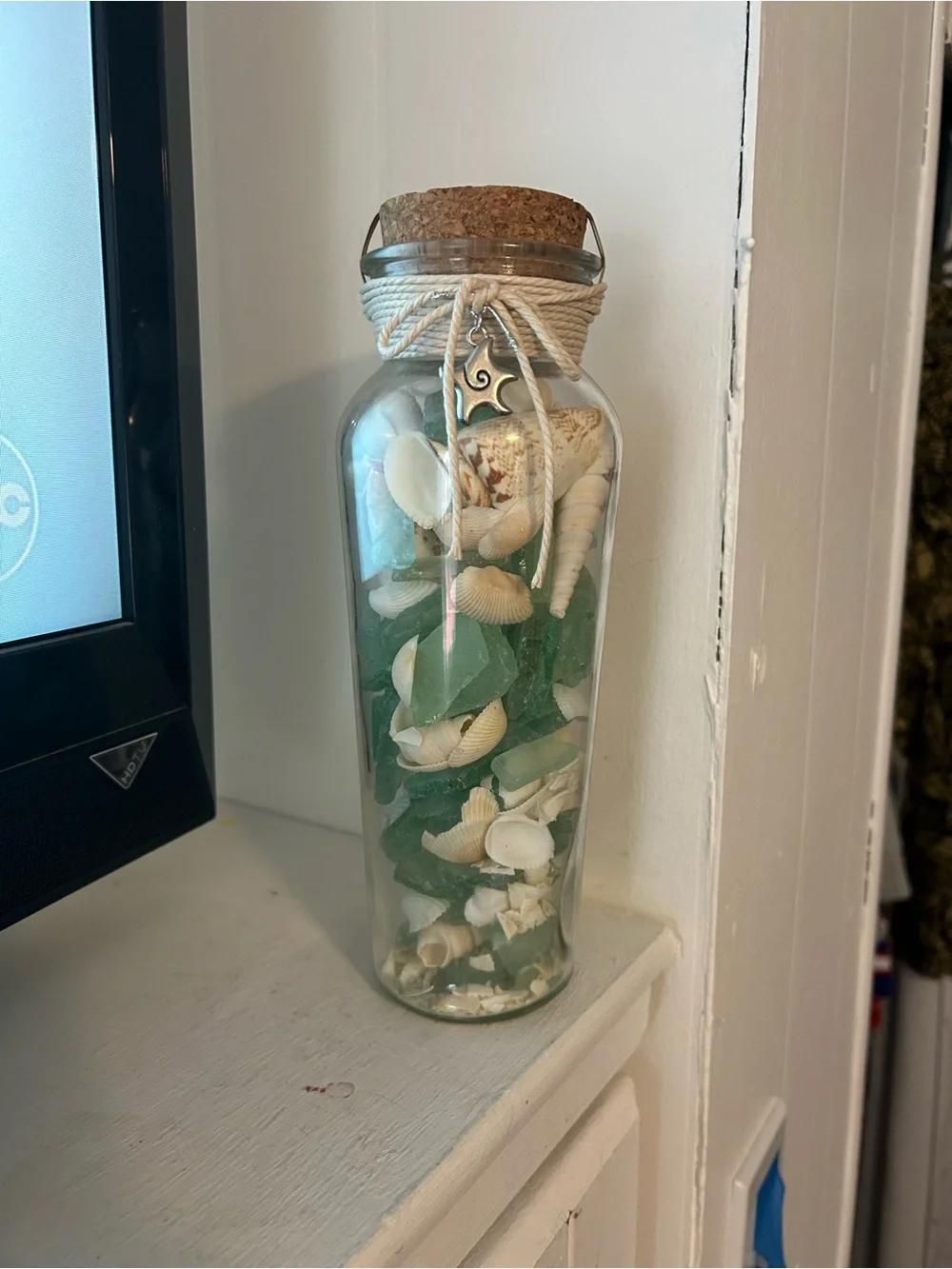 NWT COASTAL Sea Glass & Shell Accent Jar with Charm, Cork Stopper and Cord